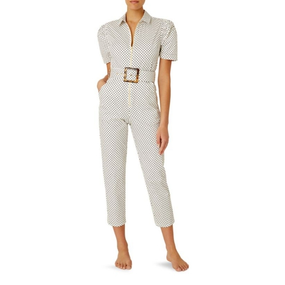 Revolve Weworewhat Women Polka Dot Belted Puff-Sleeve Jumpsuit White Black Sz L